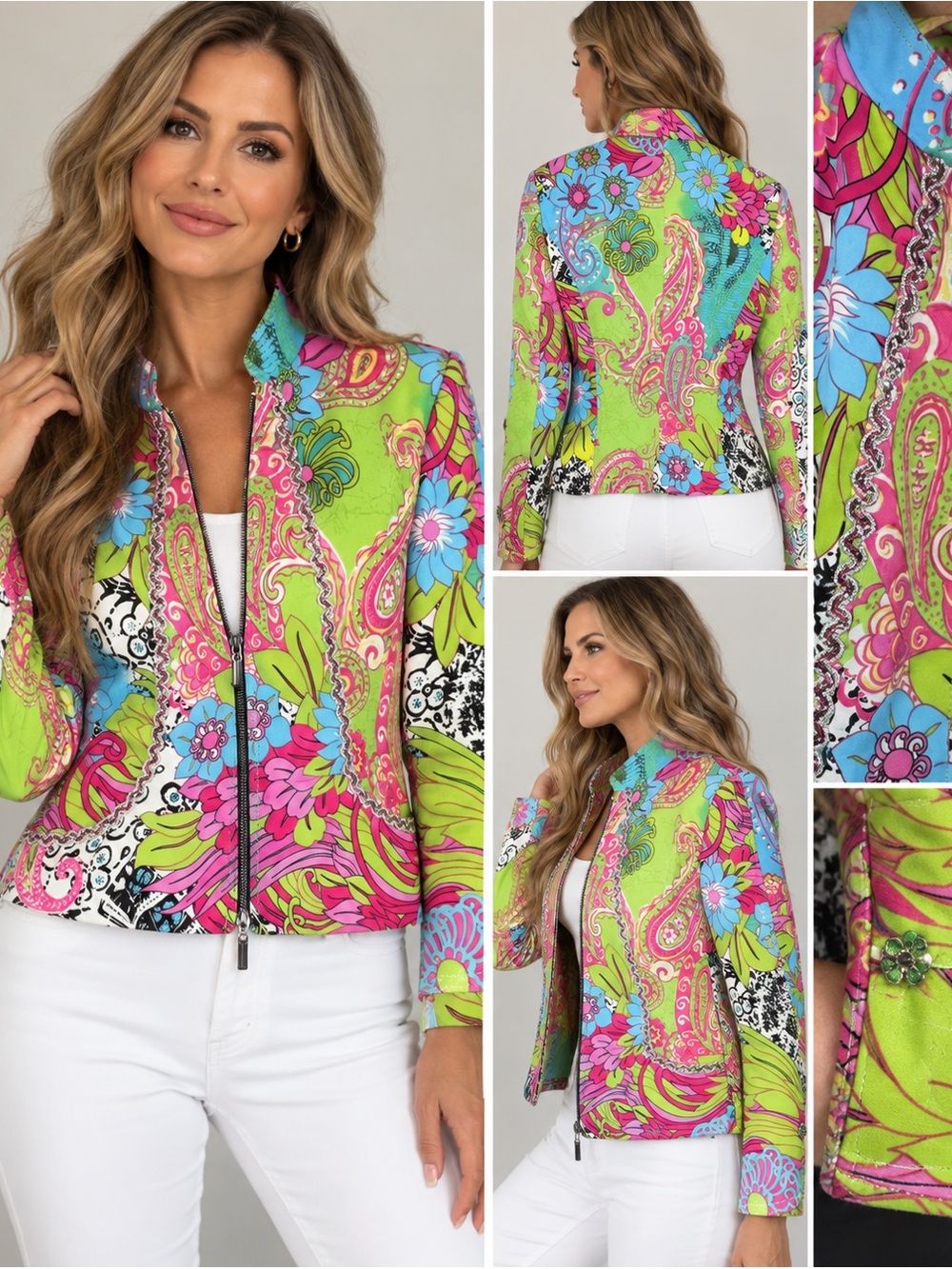 Alberto Makali Embellished Paisley Floral Rhinestone Zip Jacket